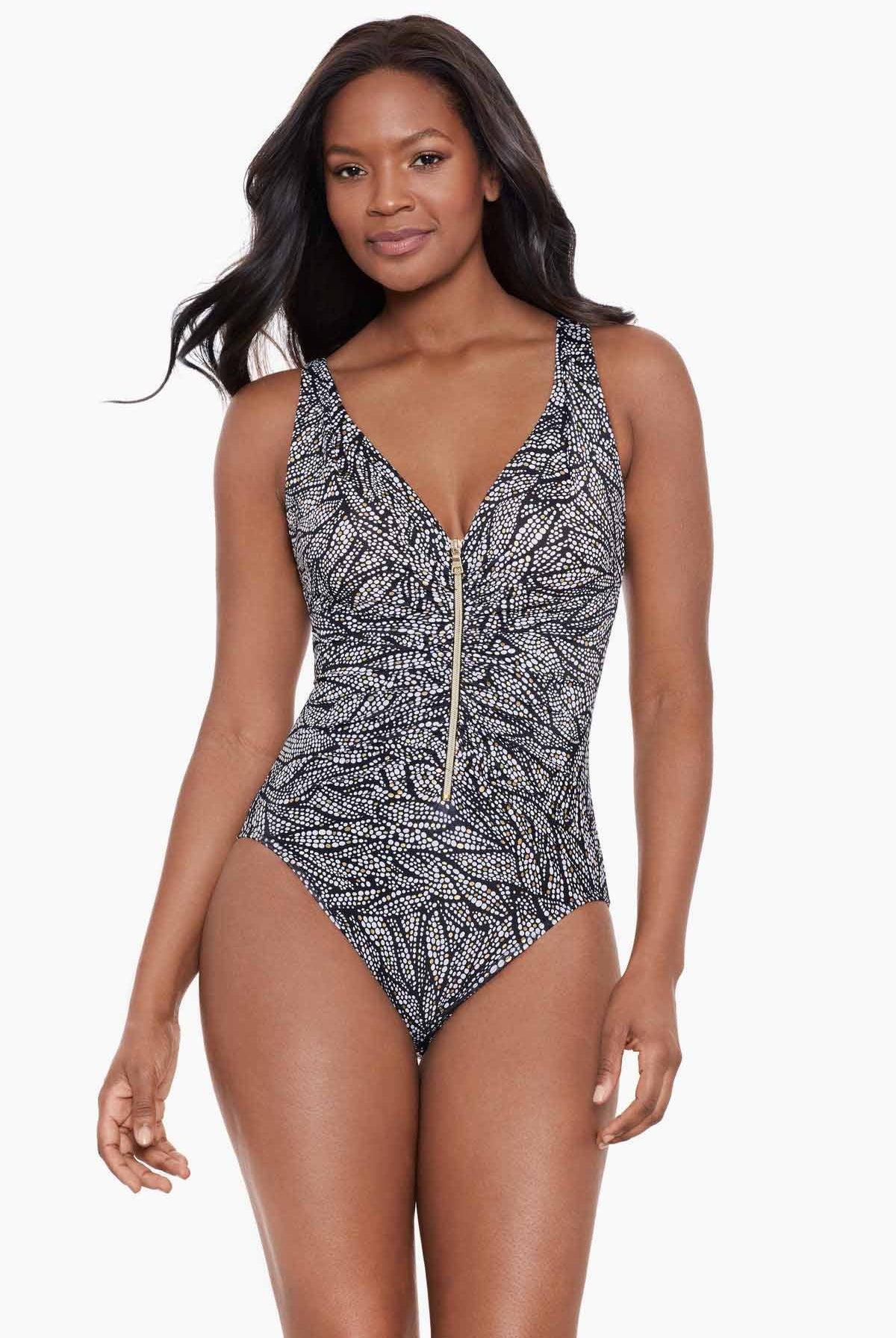 Miraclesuit Shore Leave Zipt One Piece Swimsuit. Looks 10 lbs lighter in 10 seconds, the time it takes to slip on a Miraclesuit