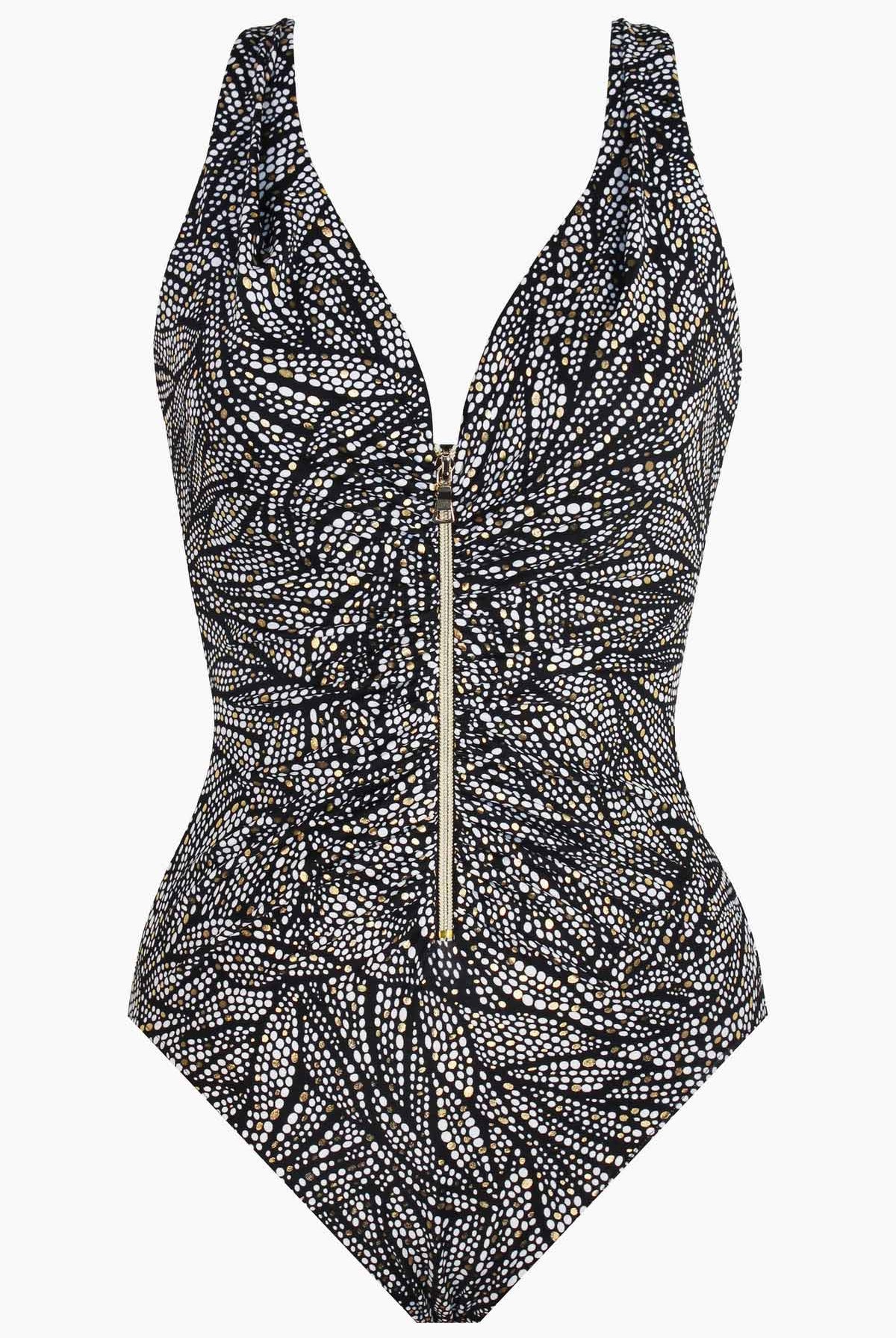 Miraclesuit Shore Leave Zipt One Piece Swimsuit. Looks 10 lbs lighter in 10 seconds, the time it takes to slip on a Miraclesuit