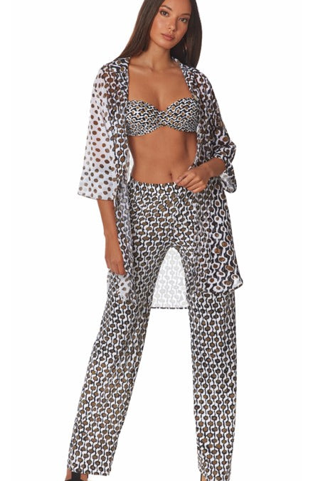 Roidal mei stunning resort wear holilday trousers in white and bronze geometric print in flaoty chiffon