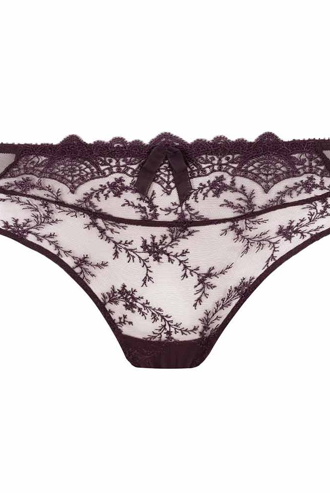 A lace thong underwear in a cassis brown color with a matching bra, featuring a floral pattern on the fabric.
