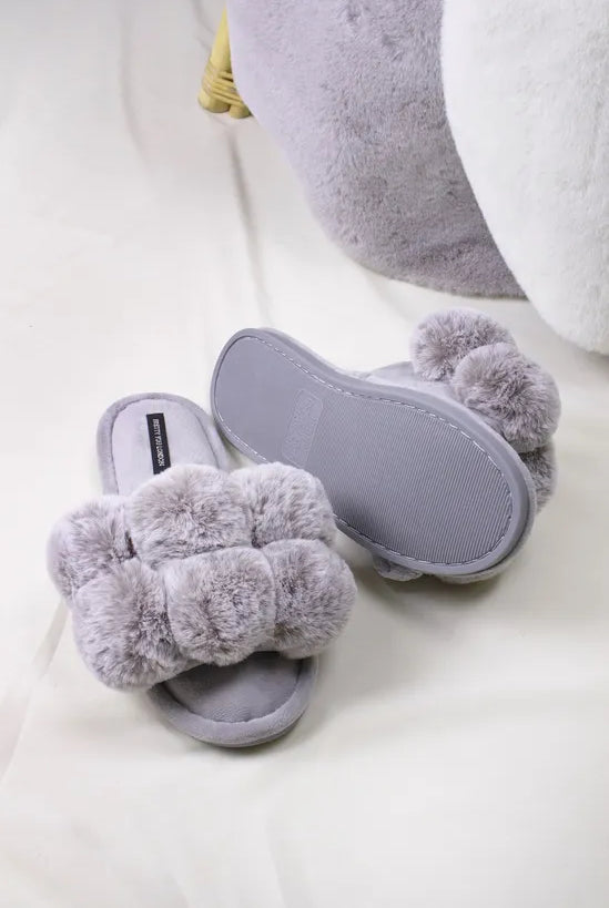 Pretty You Dolly grey pompom slippers