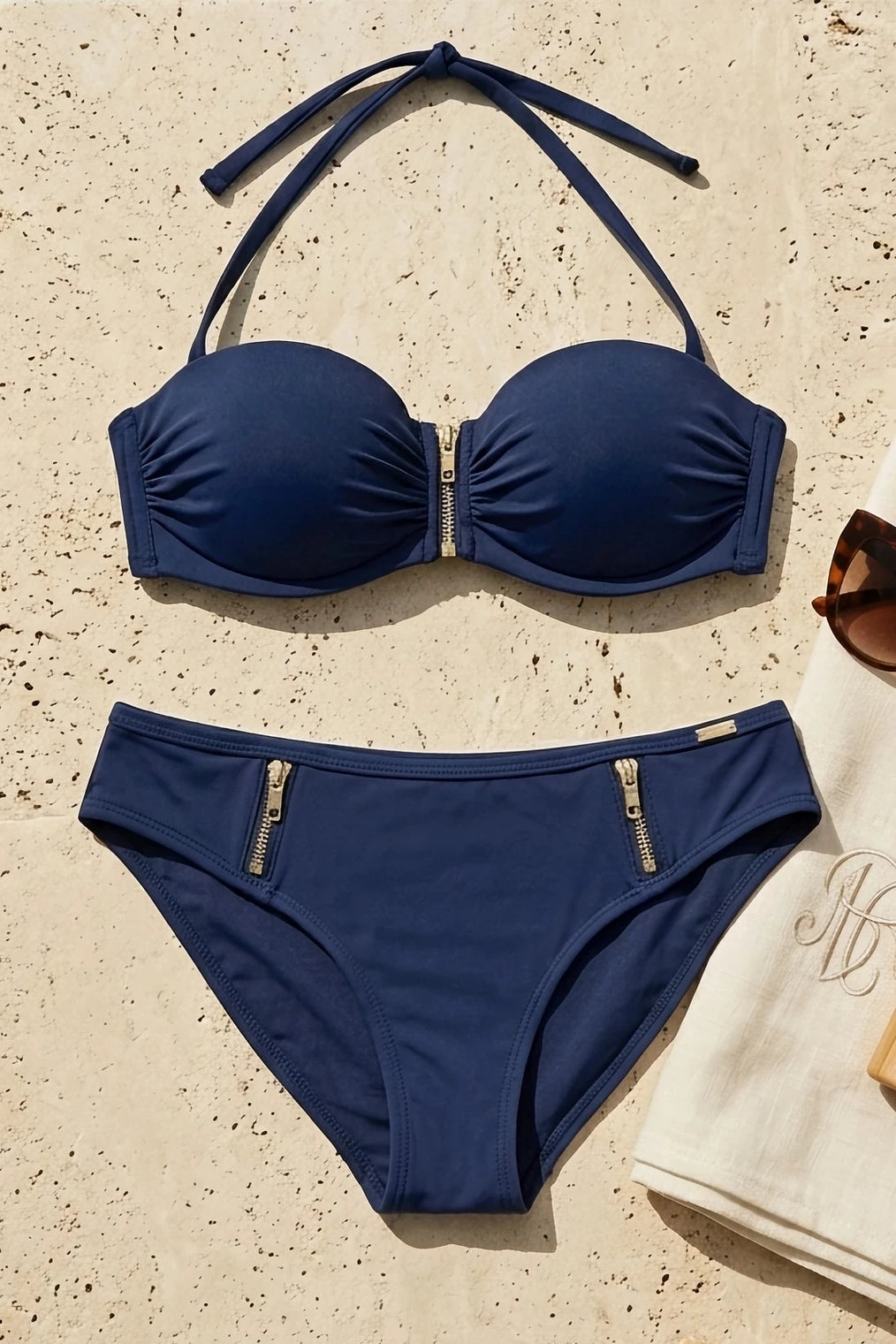 Sapph Paradiso Bandeau Navy Bikini Top and bikini brief set.