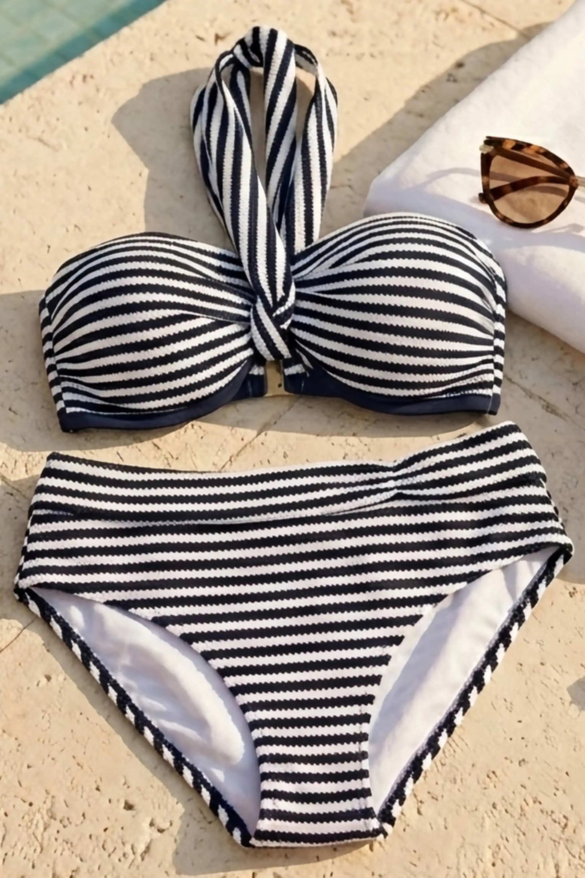 Sapph bikini Brief in Navy and White stripe, a fuller coverage brief with roll top. Very flattering on.