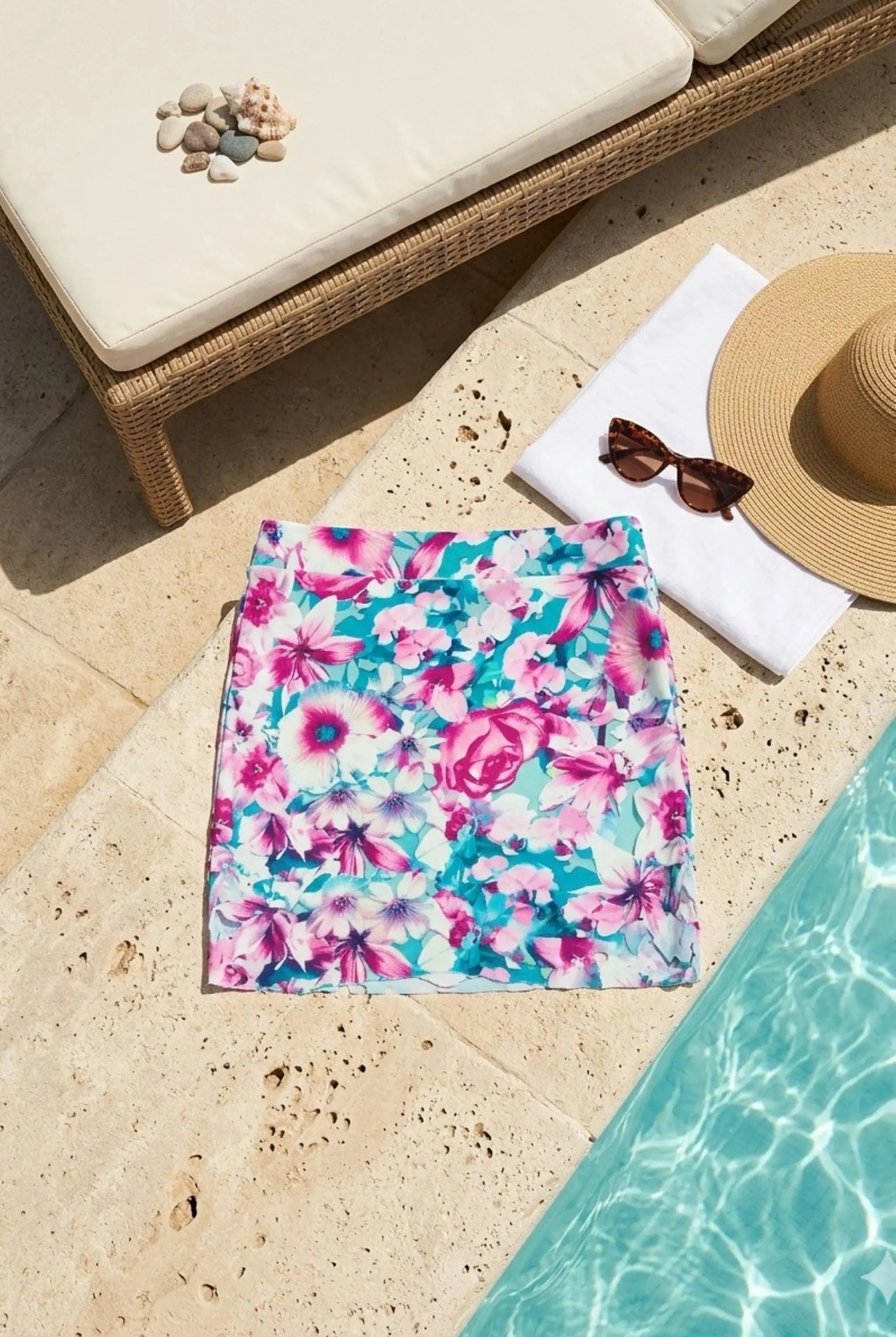 Sielei Floral Swim Skirt in teal and purple print stretch fabric