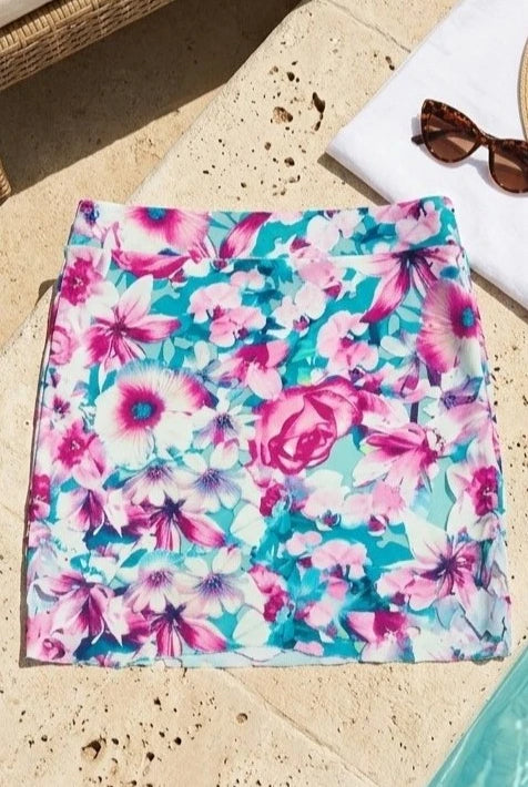 Sielei Floral Swim Skirt in teal and purple printed fabric