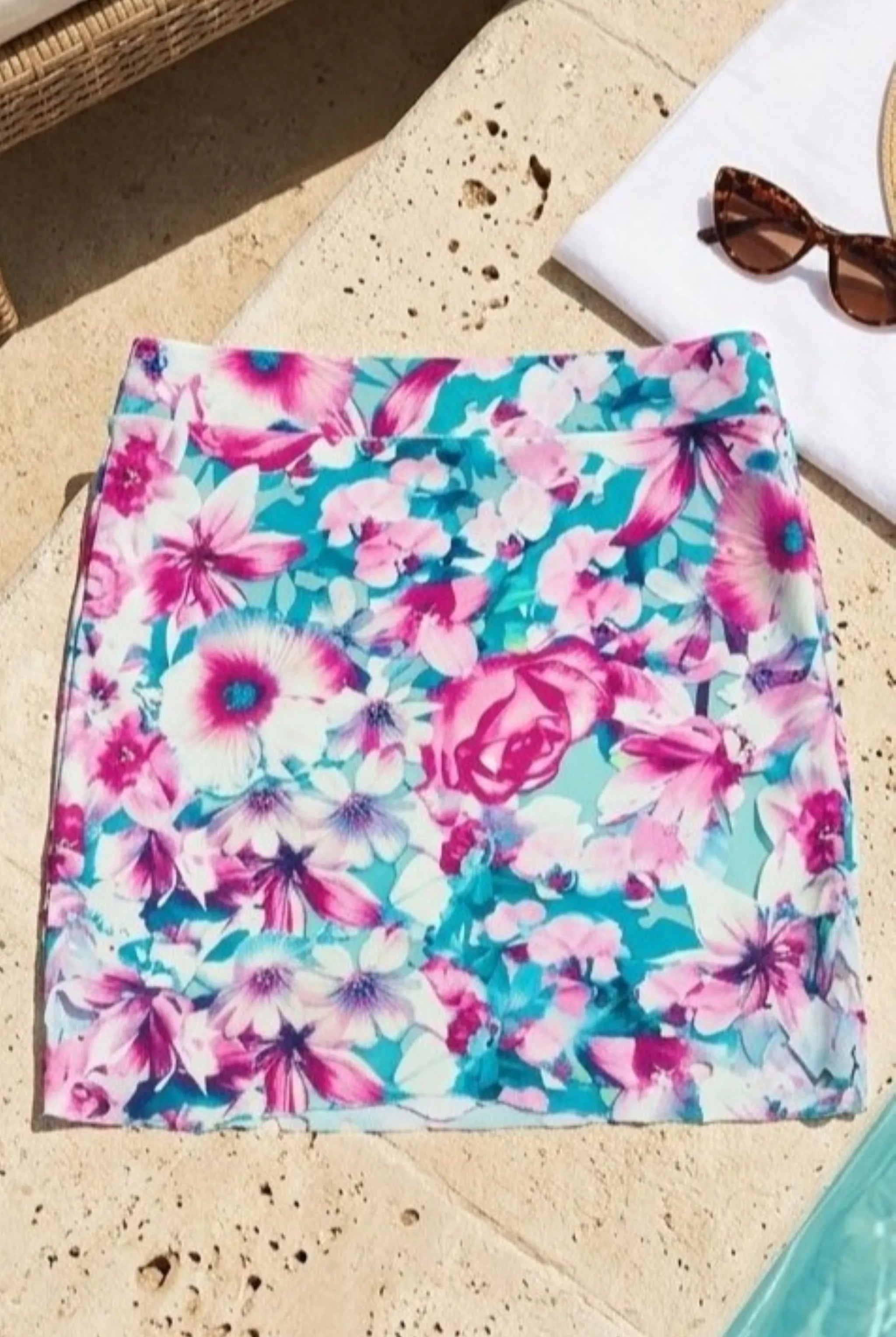 Sielei Floral Swim Skirt in teal and purple print stetch cover up