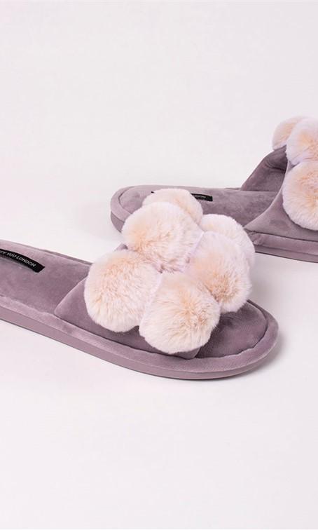 Pretty You London Dolly Pom Pom Slippers in Orchid-brownslingerie