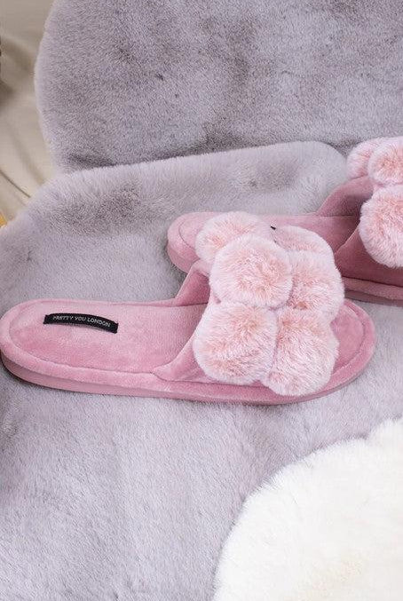 Pretty You London Dolly Pom Pom Slippers in Pink-brownslingerie