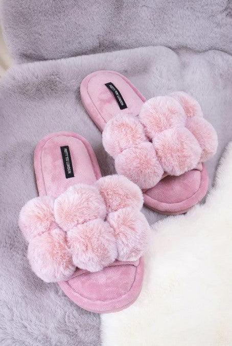 Pretty You London Dolly Pom Pom Slippers in Pink-brownslingerie