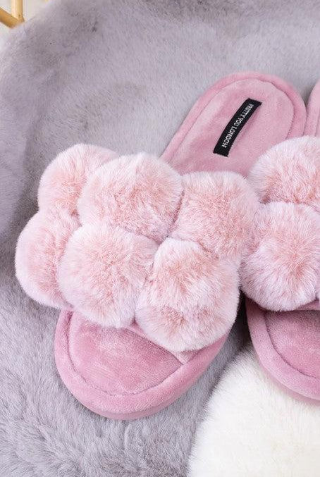 Pretty You London Dolly Pom Pom Slippers in Pink-brownslingerie