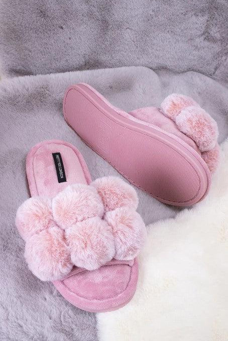 Pretty You London Dolly Pom Pom Slippers in Pink-brownslingerie