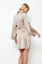 Aruelle Briana Dressing Gown. This elegant gown is designed with wide, flowing sleeves accented with wider satin cuffs