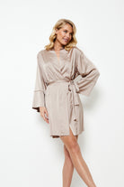 Aruelle Briana Beige Satin Nightgown.&nbsp;This elegant gown is designed with wide, flowing sleeves accented with piping on the cuffs