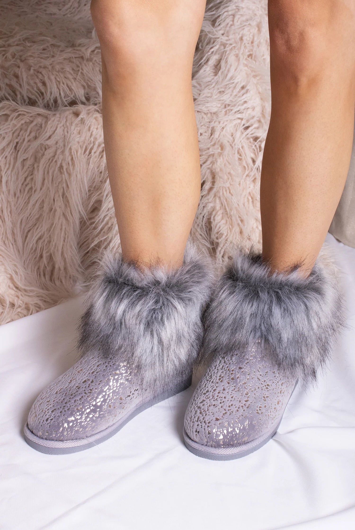 pretty you london slipper boots called giselle in grey fur