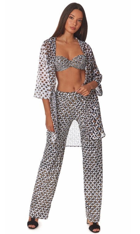 Roidal mei stunning resort wear holilday trousers in white and bronze geometric print in flaoty chiffon