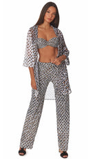 Roidal mei stunning resort wear holilday trousers in white and bronze geometric print in flaoty chiffon