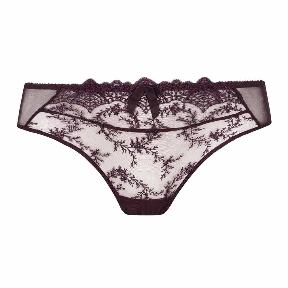 A lace thong underwear in a cassis brown color with a matching bra, featuring a floral pattern on the fabric.