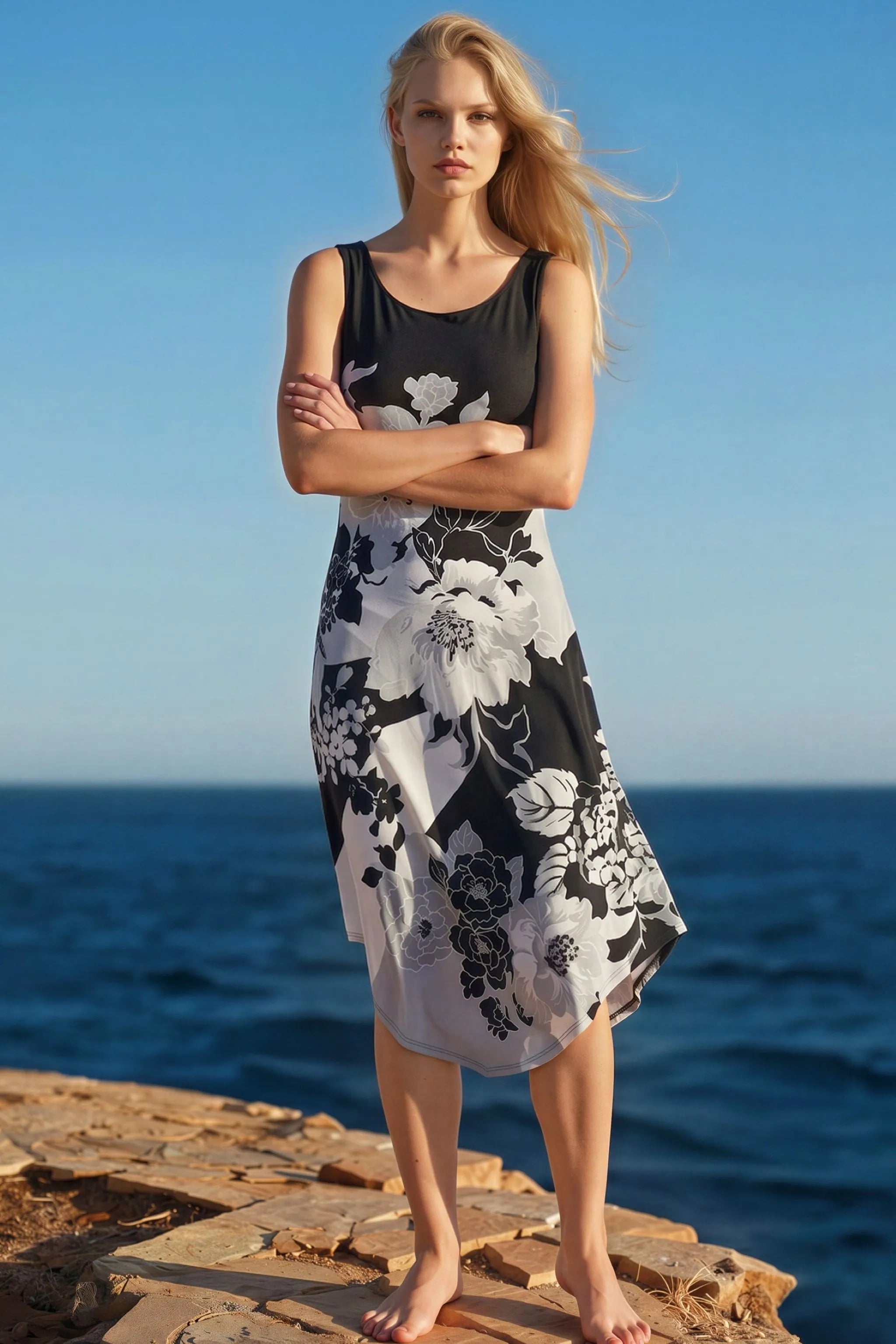 roidal black white flaoty hem beach dress to wear on holidays