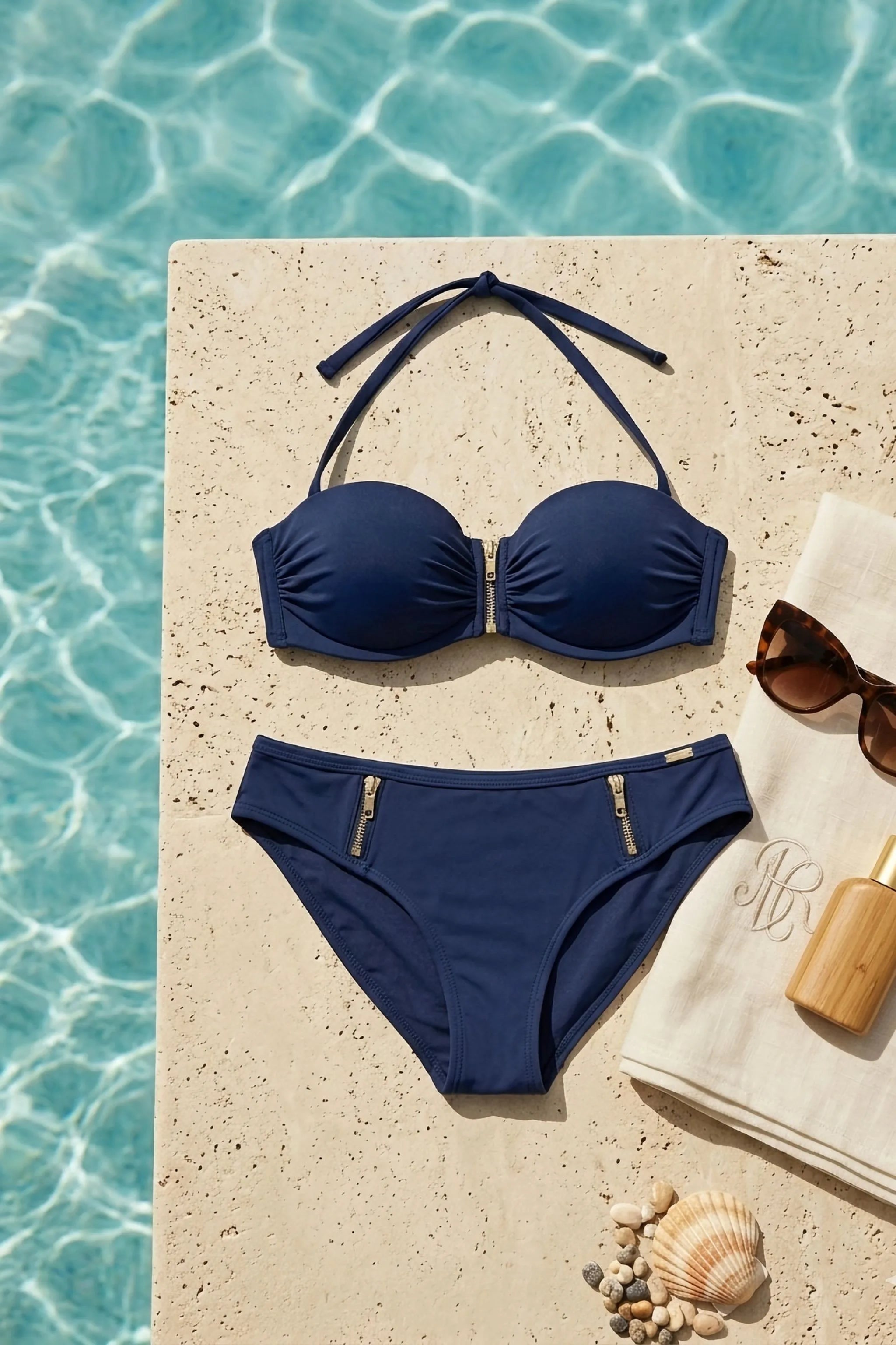 sapph paradiso bandeau strapless navy bikini top and bikini brief set 