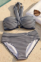 Sapph bikini Brief in Navy and White stripe, a fuller coverage brief with roll top. Very flattering on.