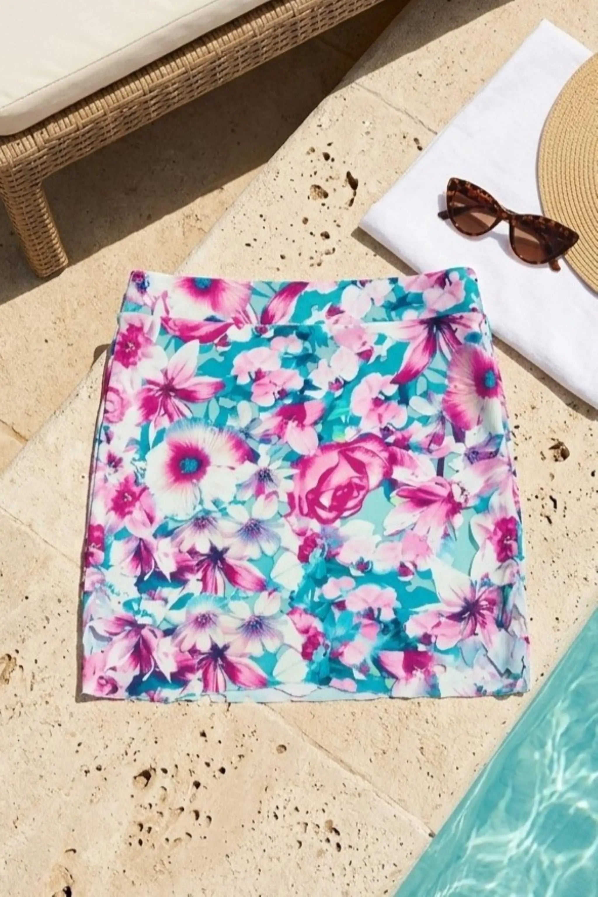 Sielei Floral Swim Skirt in teal and purple print