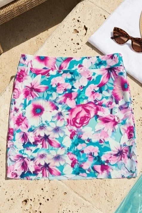 Sielei Floral Swim Skirt in teal and purple printed fabric