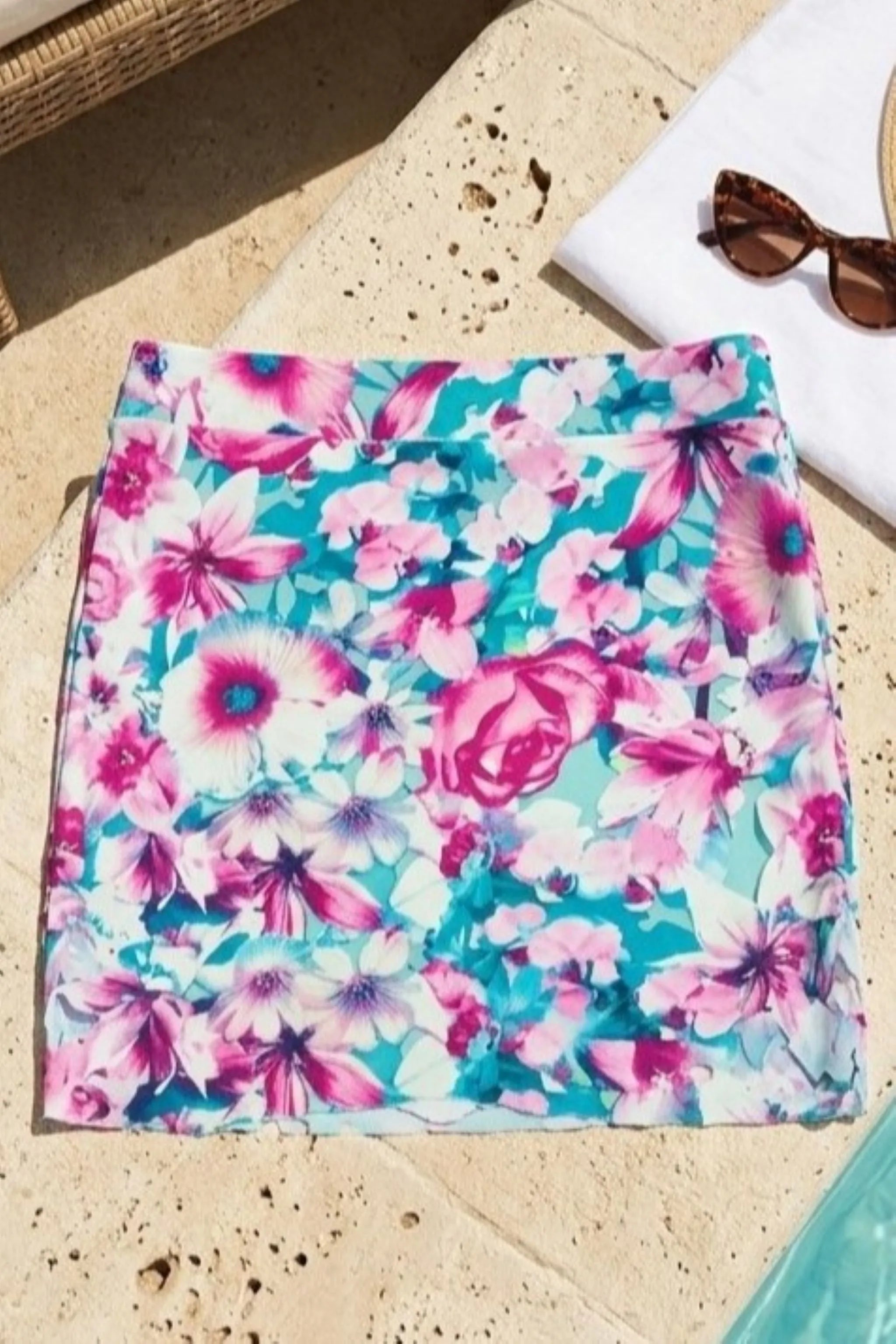Sielei Floral Swim Skirt in teal and purple print stetch cover up