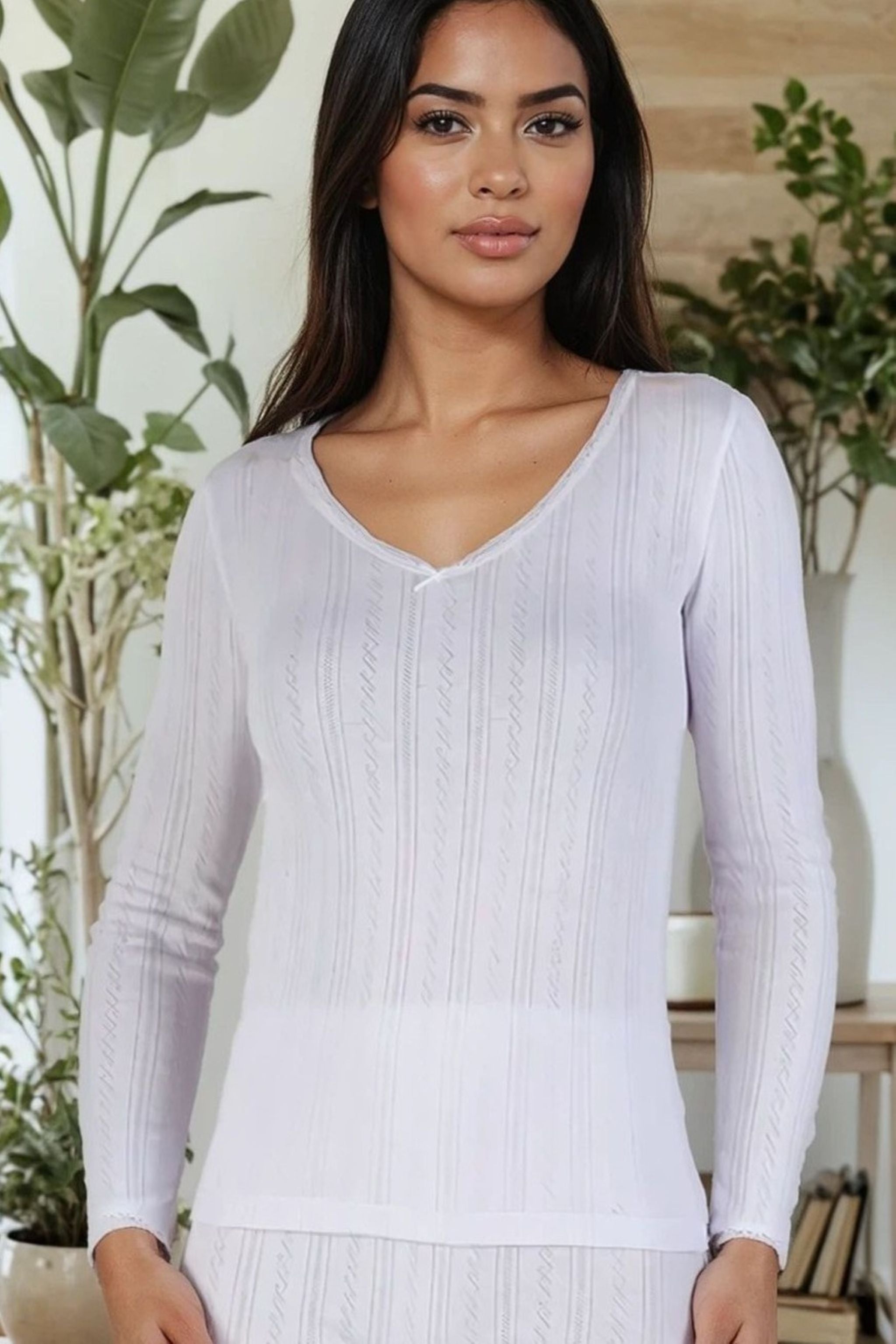 Slenderella Brushed Thermal Long Sleeve Top in soft white