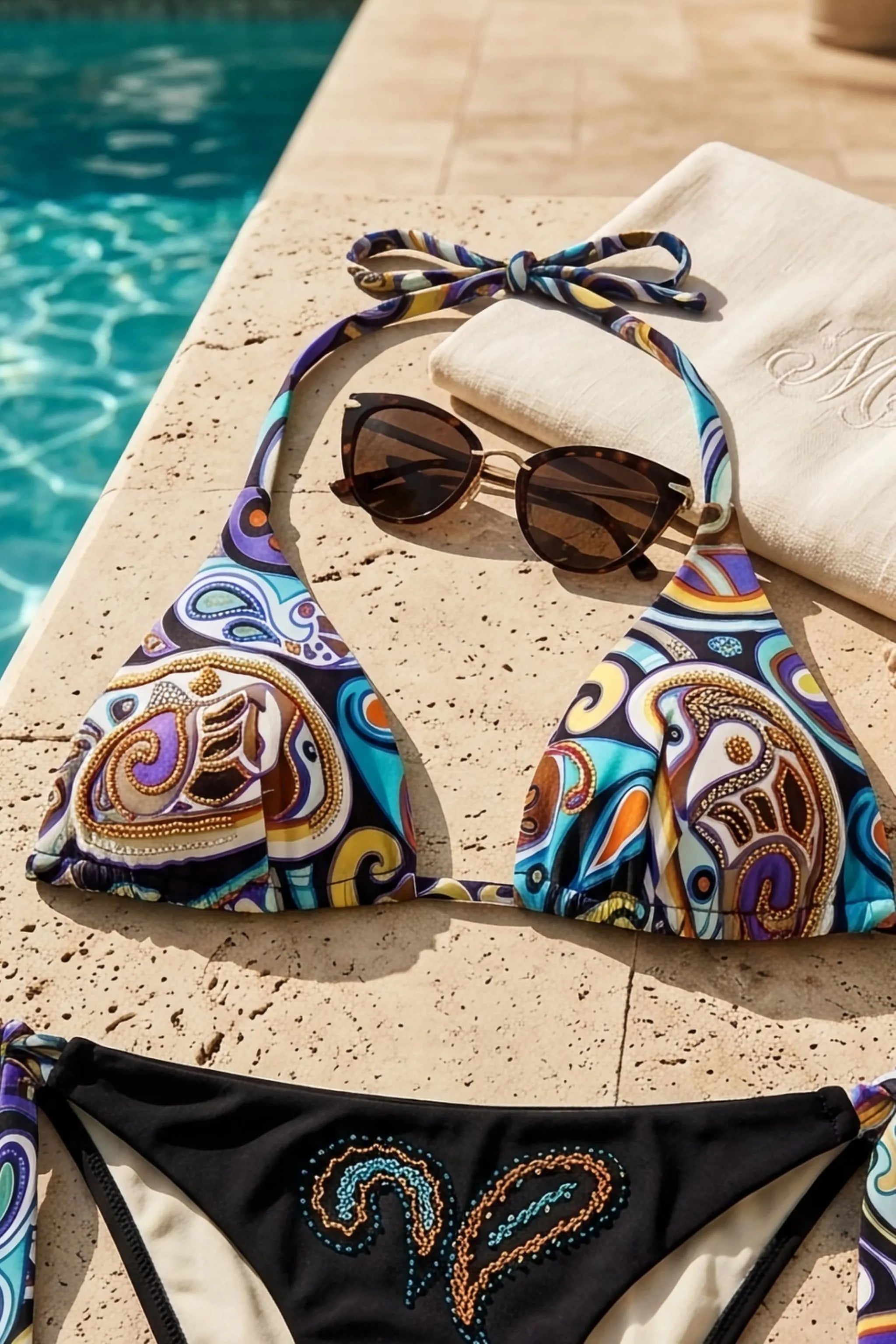 ValeryBlu Halterneck Tie Side Bikini Set in turquoise and blue