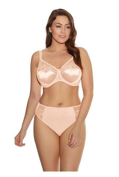 Elomi Cate Latte Full Cup Bra . An exciting update to the Caitlyn range, Cate has a fresh new look with elegant embroidery featuring intersecting arcs, new textured straps and a pretty looped neck edge elastic.