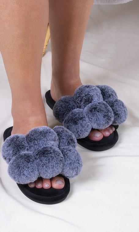 Pretty You London Dolly Pom Pom Slippers Grey Black