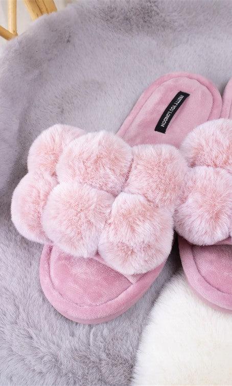 Pretty You London Dolly Pom Pom Slippers in Pink-brownslingerie