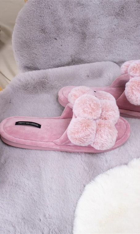 Pretty You London Dolly Pom Pom Slippers in Pink-brownslingerie