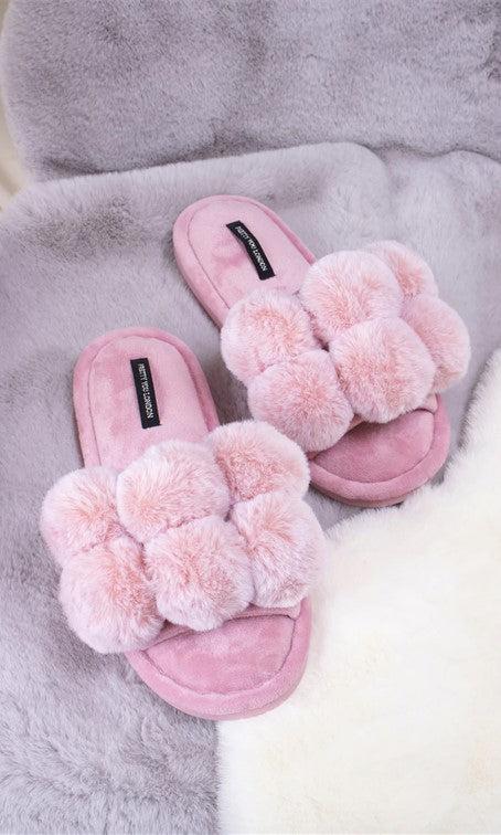 Pretty You London Dolly Pom Pom Slippers in Pink-brownslingerie