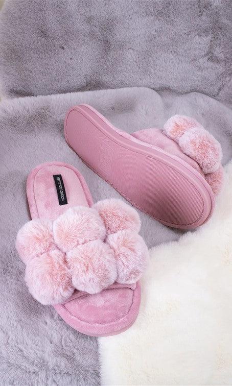 Pretty You London Dolly Pom Pom Slippers in Pink-brownslingerie